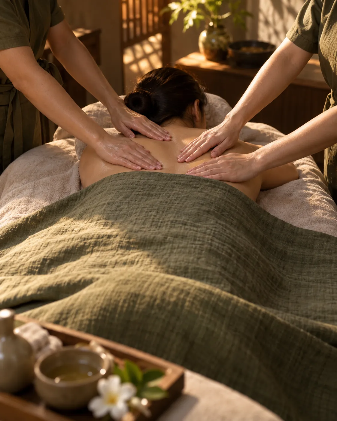Hình minh họa: Bốn bàn tay phối hợp massage trên lưng khách trong không gian ấm áp