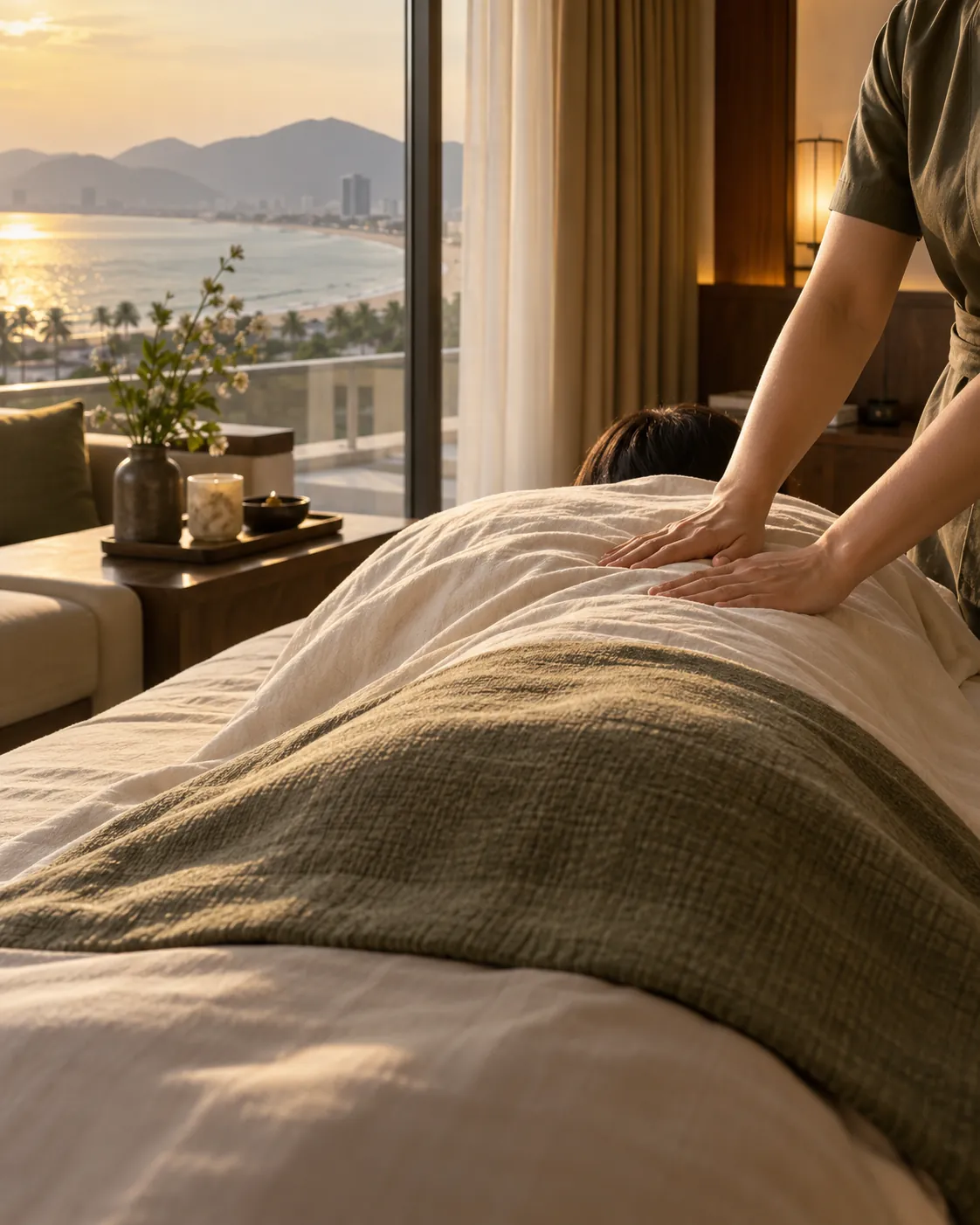 Hình minh họa: Một kỹ thuật viên massage trên lớp khăn phủ trong phòng có ánh chiều